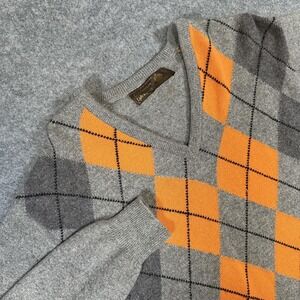 Vintage Lyle & Scott Sweater Mens Large Gray Orange Argyle Cashmere Scotland 90s